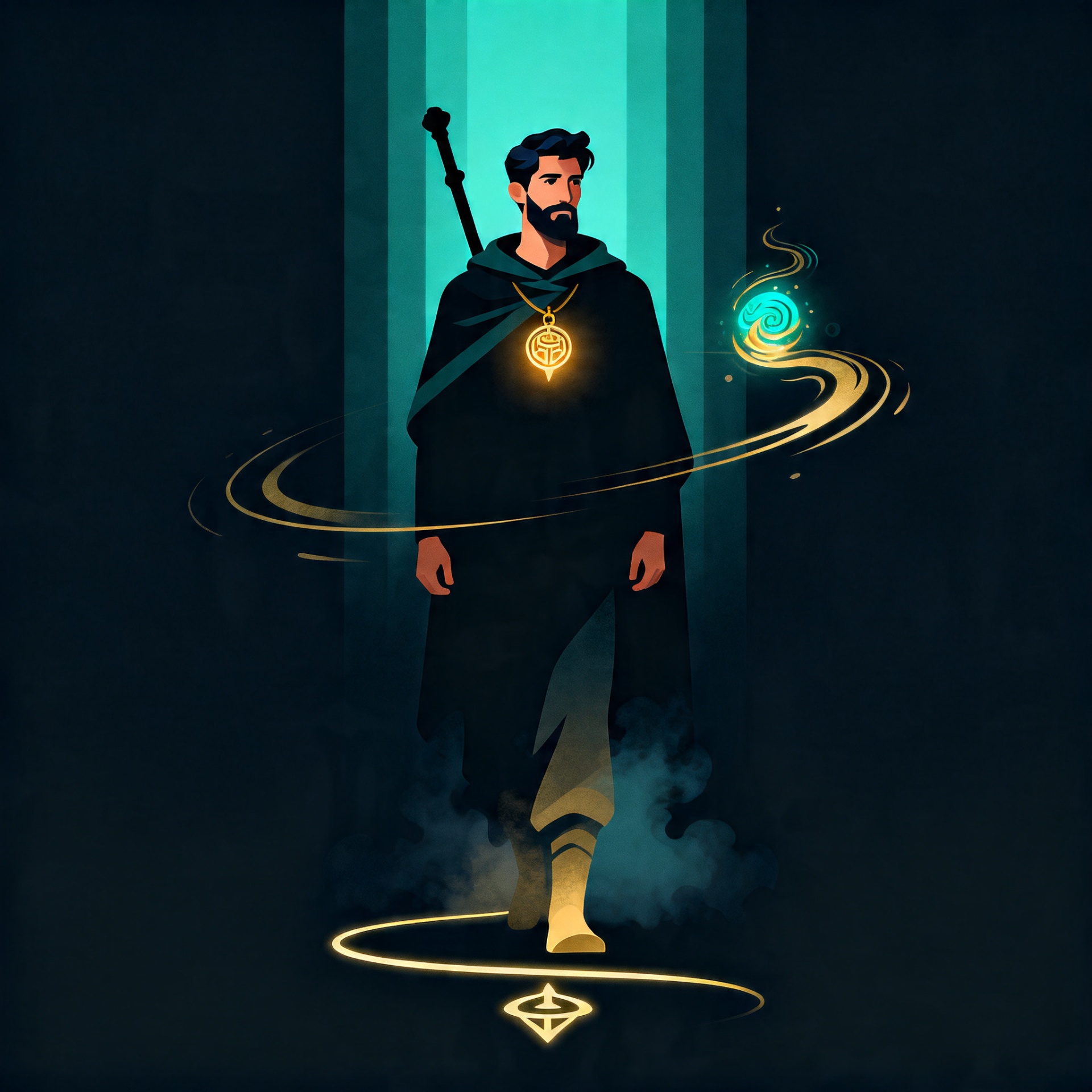 Stylized illustration of the Wanderer carrying a glowing Waymark through darkness